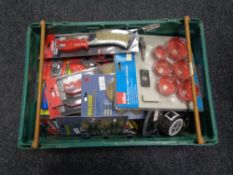 A crate of new tools, wire hand brushes, eight piece down light hole saw, carpenters pencil set,