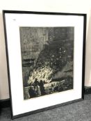 A monochrome print, figures by a fire.