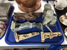 A tray of carved eastern wooden figure of an Oriental elder, pair of polished stone dogs,