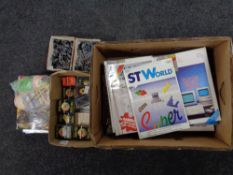 A box and tray of Itari magazines, War Hammer books and figures,