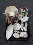 A tray of china, Masons bowl, miniature tea services, Paragon shoes,