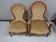 A pair of Edwardian dralon upholstered lady's and gent's armchairs