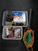 Two plastic crates of Draper router, hand tools,
