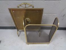 A brass Art Nouveau fire screen together with a three way folding spark guard
