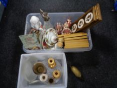 Two plastic crates of miscellaneous, claret jug, framed Staffordshire plaques, figurines,