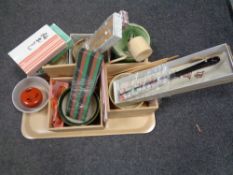 A tray of Oriental items including rice bowls in wooden boxes, fans,