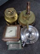 A mirrored chrome Art deco tray together with a brass paraffin lamp base, copper kettle,