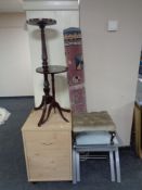 A pine effect two drawer chest together with a mahogany wine table and torchere,