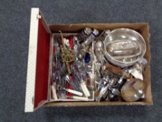 A box of canteen of stainless cutlery, flatware, plated cruet sets,