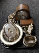 A tray of twentieth century oak cased Smiths mantel clock, wooden jewellery box,