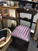 An antique dining chair together with three framed mirrors