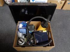 A Techwood 26 inch TV together with a box of fishing reels, digital camera,