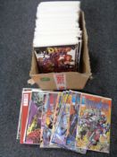 A box of approximately 100 American super hero comics in protective covers