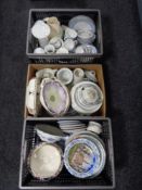Two crates and a box of assorted china, collector's and cabinet plates, Doulton tea china,