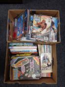 Two boxes of Doctor Who magazines annuals and paper backed books,