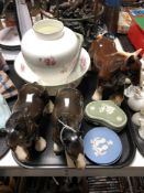 A tray of six pieces of Wedgwood jasper ware, china shire horses,