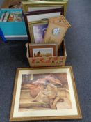 A box of framed pictures and prints, Quartz wall clock,