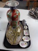 A tray of Chinese glazed vase, two brass trivets, plated tray, Royal Crown Derby posie dishes,