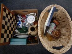 A box of china, chess board, pottery jug, place mats,