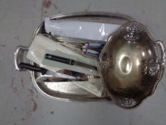 A plated twin handled tray together with a basket, plated Wedgwood servers,