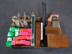 Two boxes of model ships, Tetley tea folk jewellery boxes, Chinese plate in box,