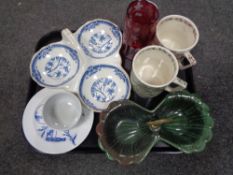 A tray of antique and later china, two Crown Devon Yorkshireman mugs,