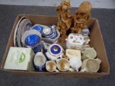 A box of Ringtons china, Oriental resin figures,