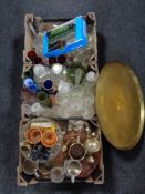 Three boxes of metal ware, glass,