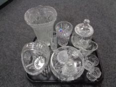 A tray of glass ware, crystal lidded jar, basket, fruit bowl,