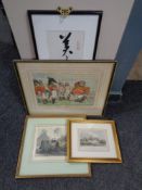 A colour engraving - Military tactics for Continental service in hogarth frame together with two