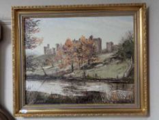A gilt framed Dallas Taylor oil on board - Alnwick Castle from the river