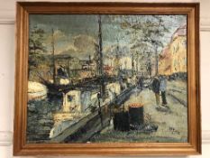 Continental School : Figures by a canal, oil on canvas, framed.