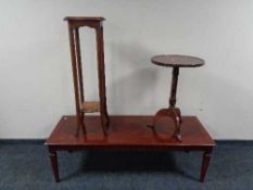 A rectangular mahogany coffee table together with an Edwardian two tier plant stand and a wine