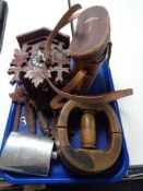 A tray of black forest style cuckoo clock, leather cased binoculars,