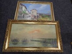 Two framed oils on canvas - village and coast