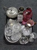A tray of castle pewter tea pot, two tankards and assorted glass ware, antique cranberry jug,