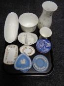 A tray of assorted Wedgwood china, Jasper ware dishes,