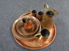 A collection of twentieth century copper ware, trays, bowls, measures,