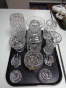 A tray of glass ware, crystal decanter, vases,