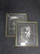 Two black and white portrait prints signed DMR