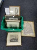 A box of framed prints, hand coloured map of Northumberland,
