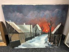 Continental School : oil on canvas depicting a snowy lane