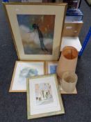 A box of four framed watercolours - Sadler, Tristen etc and prints,