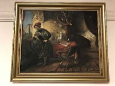 Continental School : oil on board depicting a gentleman reading by a balcony