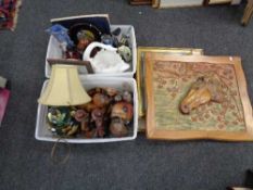 Two boxes of wooden ornaments, china swan planter, table lamp with shade,