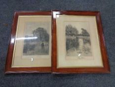 A nineteenth century black and white framed J E Grace engraving - pond with field beyond,
