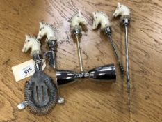 A mid century five part vintage cocktail set comprising of double measure, cork screw,