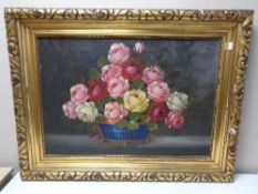 A gilt framed oil on canvas - Still life with roses in a bowl