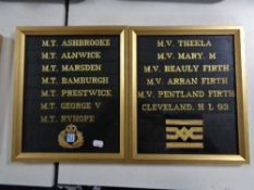 Two gilt frame naval hat tallies together with two sew on badges