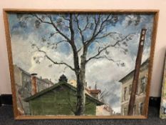 Continental School : Tree in front of buildings, oil on canvas.